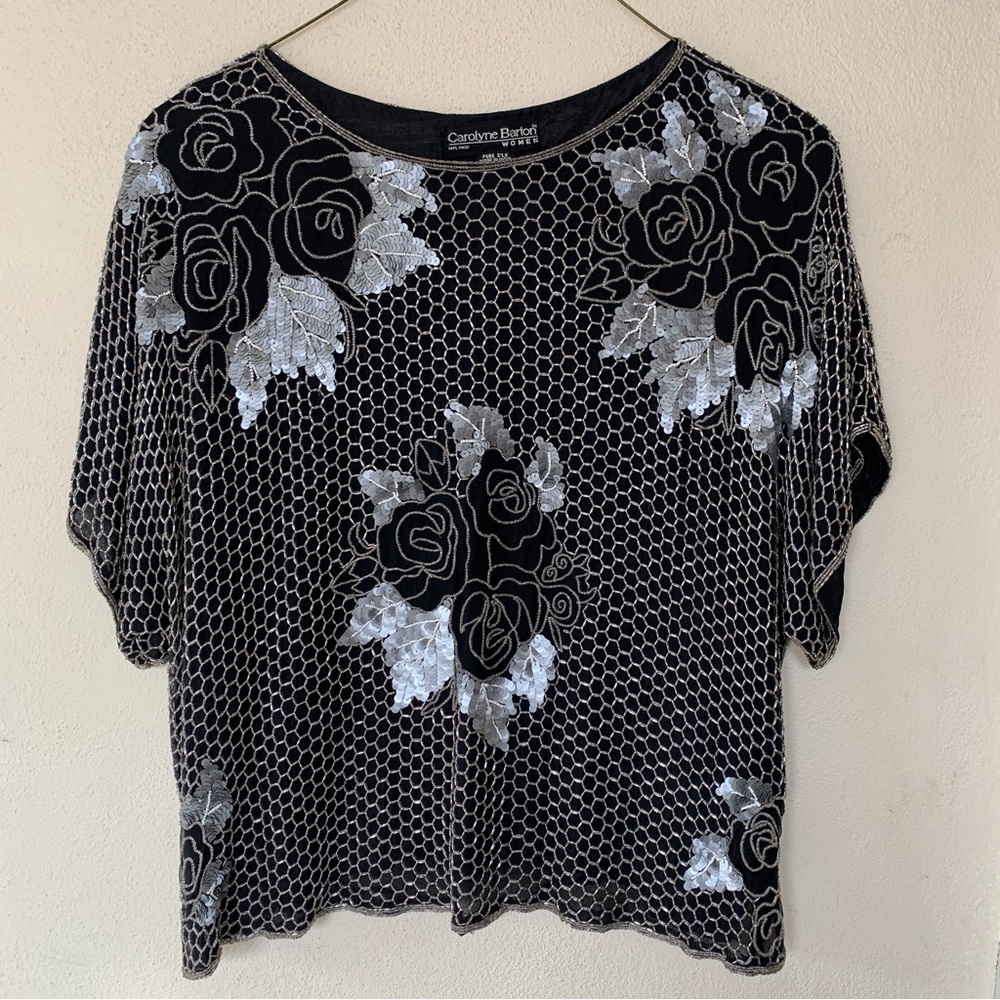 Carolyne Barton Evening Silk Top - Beaded & Sequined in Silver sz 3X